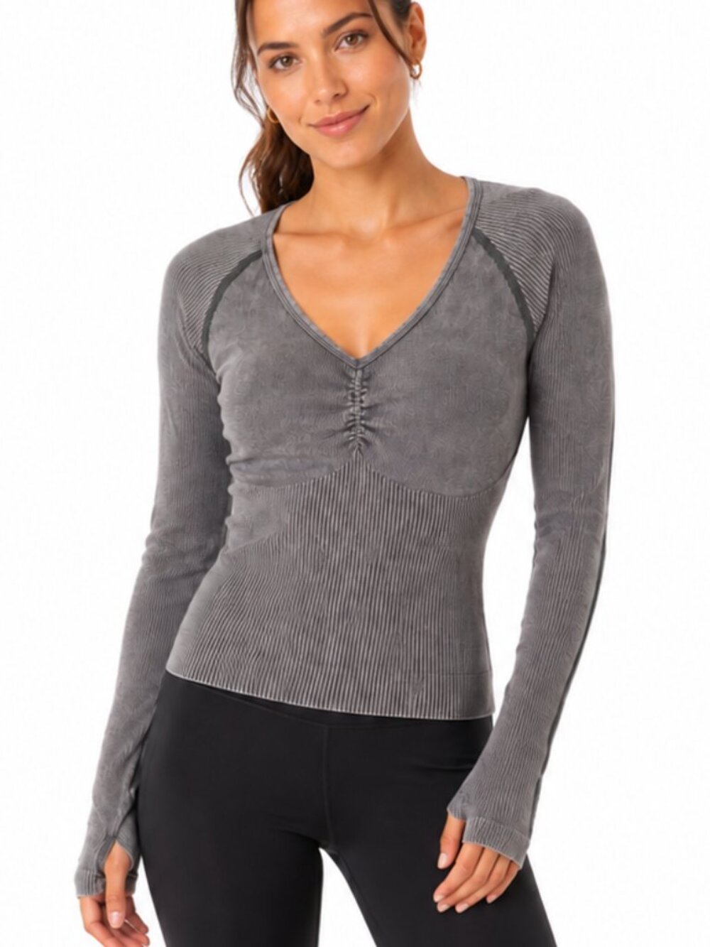 PINK Victoria's Secret Grey Acid Wash Ribbed Cinch V-Neck Long Sleeve Top S
